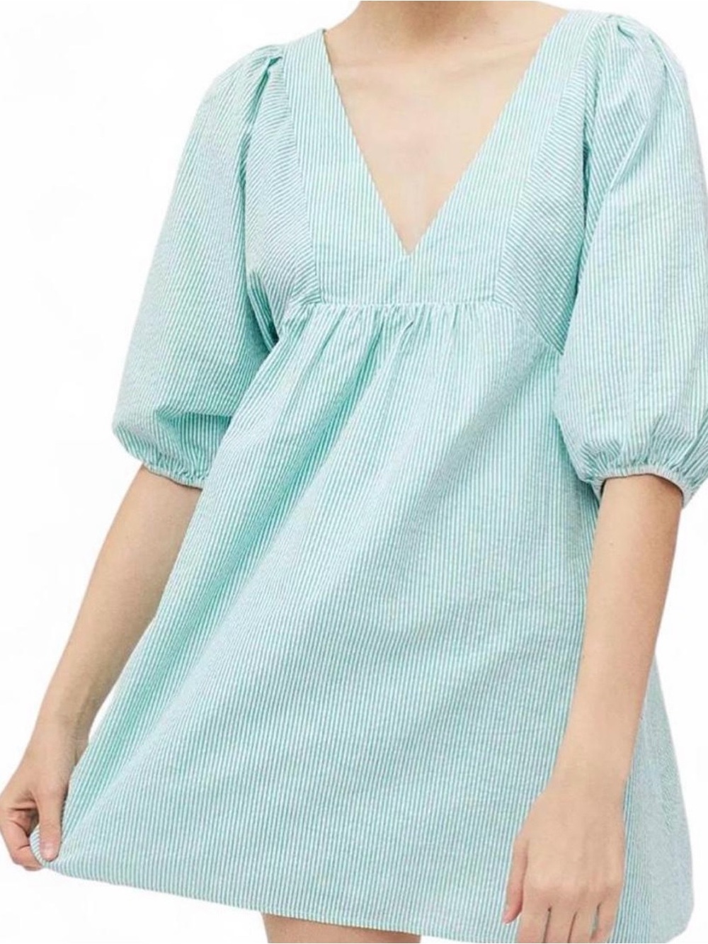 Urban Outfitters Mint Green Striped V-Neck Puff Sleeve Dress